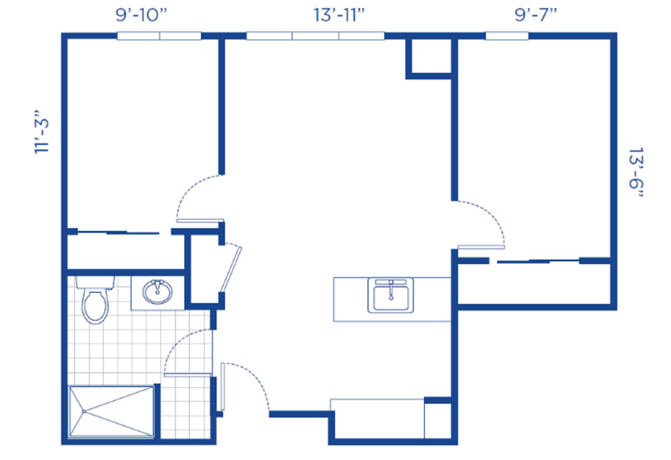 Floor plan with three rooms at the top, a central living area with a kitchen island, and a bathroom with a shower, toilet, and sink on the lower left. Room and wall lengths are labeled in feet and inches.