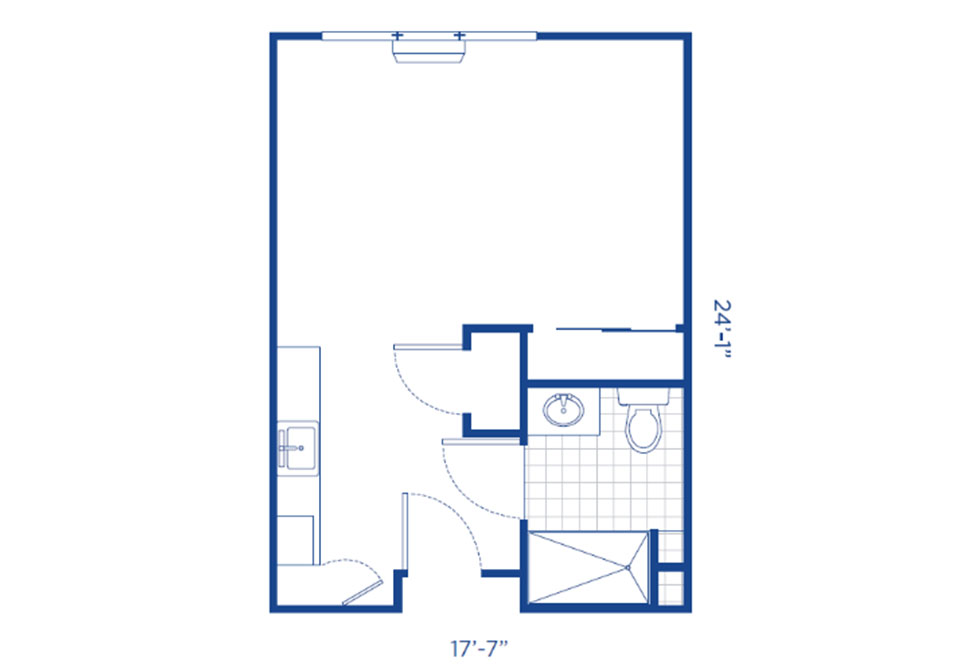 Blueprint of a small studio apartment with kitchenette on the left, bathroom in the center, and main living/sleeping area on the right. Dimensions are 17'-7" wide by 24'-1" deep.