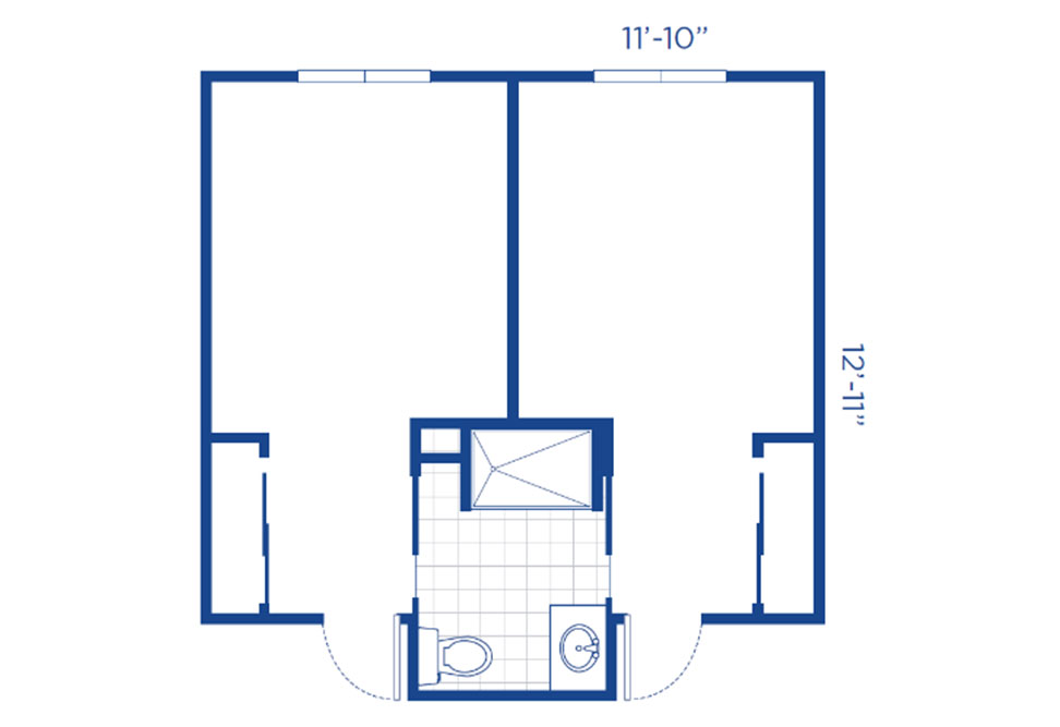 Simple floor plan with two large rectangular rooms at the top, a central bathroom at the bottom with toilet and shower, and a small closet or storage area to the left of the bathroom. Dimensions are labeled.