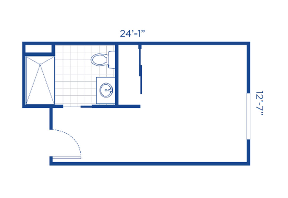 A simple floor plan shows a rectangular room with dimensions 24'-1" by 12'-7". The upper left corner has a bathroom with a shower, toilet, and sink. The entrance door is at the bottom left.