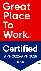 A badge with a red top and blue bottom reads "Great Place to Work Certified APR 2025–APR 2026 USA" in bold white letters.