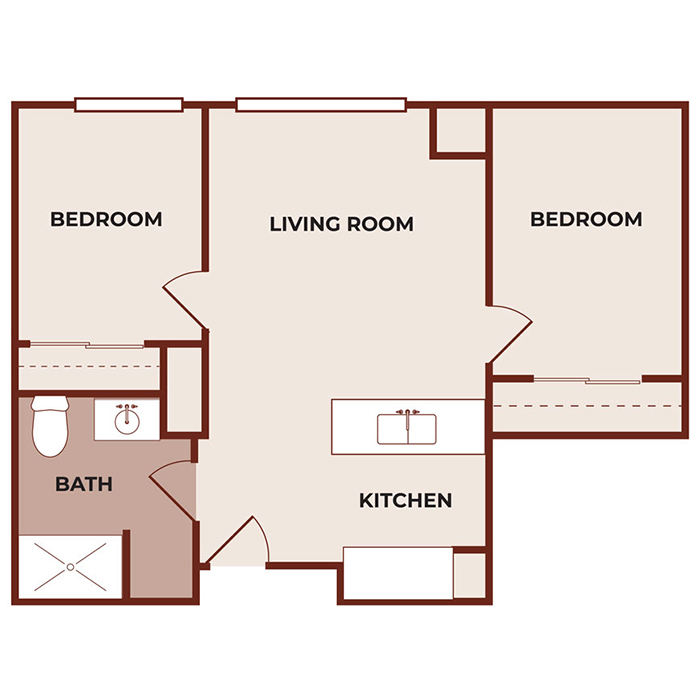 A floor plan showing two bedrooms, a living room, a kitchen with an island, and a bathroom. The bathroom is near the entrance, and the bedrooms are on opposite sides of the living room.