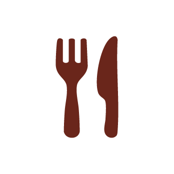 A simple brown icon of a fork and knife side by side on a light gray background, representing dining or food.