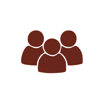Simple brown icon of three people, with one figure in front and two slightly behind, representing a group or community, on a light gray background.