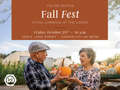 Invitation for Fall Fest at the Lodge on Friday, October 23rd at 10 a.m. at 2200 E. Long Street, Carson City, NV, featuring an older couple holding a pumpkin.